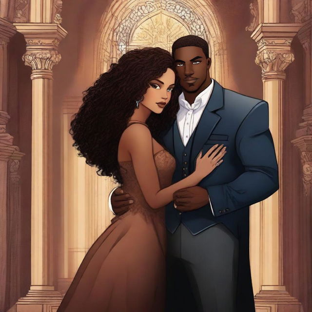 Create an illustrated BOOK COVER featuring a tall white man with dark hair, blue eyes, and large strong arms standing next to a brown-skinned woman with dark curly hair and brown eyes, wearing a glamorous dress that accentuates her curves, in a dark gothic church