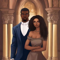 Create an illustrated BOOK COVER featuring a tall white man with dark hair, blue eyes, and large strong arms standing next to a brown-skinned woman with dark curly hair and brown eyes, wearing a glamorous dress that accentuates her curves, in a dark gothic church