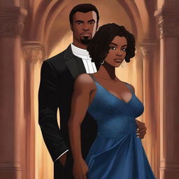 Create an illustrated BOOK COVER featuring a tall white man with dark hair, blue eyes, and large strong arms standing next to a brown-skinned woman with dark curly hair and brown eyes, wearing a glamorous dress that accentuates her curves, in a dark gothic church