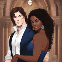 Create an illustrated BOOK COVER featuring a tall white man with dark hair, blue eyes, and large strong arms standing next to a brown-skinned woman with dark curly hair and brown eyes, wearing a glamorous dress that accentuates her curves, in a dark gothic church