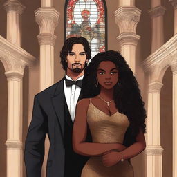 Create an illustrated BOOK COVER featuring a tall white man with dark hair, black eyes, and large strong arms standing next to a brown-skinned woman with dark curly hair and brown eyes, wearing a glamorous dress that accentuates her curves, in a dark gothic church