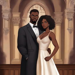 Create an illustrated BOOK COVER featuring a tall white man with dark hair, black eyes, and large strong arms standing next to a brown-skinned woman with dark curly hair and brown eyes, wearing a glamorous dress that accentuates her curves, in a dark gothic church