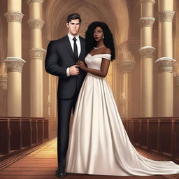 Create an illustrated BOOK COVER featuring a tall white man with dark hair, black eyes, and large strong arms standing next to a brown-skinned woman with dark curly hair and brown eyes, wearing a glamorous dress that accentuates her curves, in a dark gothic church