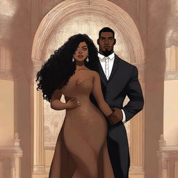 Create an illustrated BOOK COVER featuring a tall white man with dark hair, black eyes, and large strong arms standing next to a brown-skinned woman with dark curly hair and brown eyes, wearing a glamorous dress that accentuates her curves, in a dark gothic church