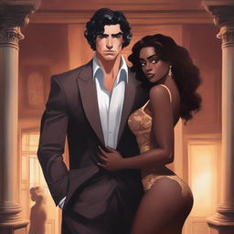 Create an illustrated BOOK COVER featuring a tall white man with dark hair, black eyes, and large strong arms standing next to a brown-skinned woman with dark curly hair and brown eyes, wearing a glamorous dress that accentuates her curves, in an abandoned mansion at night