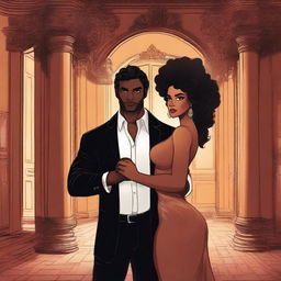 Create an illustrated BOOK COVER featuring a tall white man with dark hair, black eyes, and large strong arms standing next to a brown-skinned woman with dark curly hair and brown eyes, wearing a glamorous dress that accentuates her curves, in an abandoned mansion at night