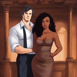 Create an illustrated BOOK COVER featuring a tall white man with dark hair, black eyes, and large strong arms standing next to a brown-skinned woman with dark curly hair and brown eyes, wearing a glamorous dress that accentuates her curves, in an abandoned mansion at night