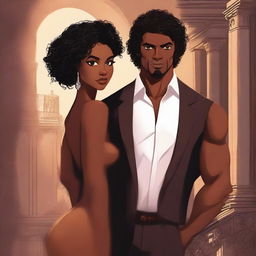 Create an illustrated BOOK COVER featuring a tall white man with dark hair, black eyes, and large strong arms standing next to a brown-skinned woman with dark curly hair and brown eyes, wearing a glamorous dress that accentuates her curves, in an abandoned mansion at night