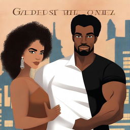 Create an illustrated BOOK COVER featuring a tall white man with dark hair, black eyes, and large strong arms standing next to a brown-skinned woman with dark curly hair and brown eyes, wearing a long glamorous dress at night