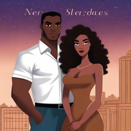 Create an illustrated BOOK COVER featuring a tall white man with dark hair, black eyes, and large strong arms standing next to a brown-skinned woman with dark curly hair and brown eyes, wearing a long glamorous dress at night