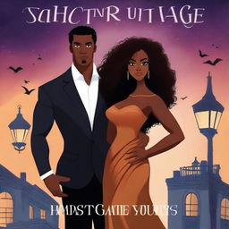 Create an illustrated BOOK COVER featuring a tall white man with dark hair, black eyes, and large strong arms standing next to a brown-skinned woman with dark curly hair and brown eyes, wearing a long glamorous dress at night