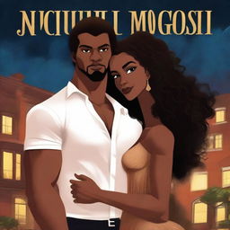 Create an illustrated BOOK COVER featuring a tall white man with dark hair, black eyes, and large strong arms standing next to a brown-skinned woman with dark curly hair and brown eyes, wearing a long glamorous dress at night