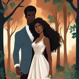 Create an illustrated BOOK COVER featuring a tall white man with dark hair, black eyes, and large strong arms standing next to a brown-skinned woman with dark curly hair and brown eyes, wearing a long glamorous dress at night in a forest