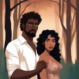 Create an illustrated BOOK COVER featuring a tall white man with dark hair, black eyes, and large strong arms standing next to a brown-skinned woman with dark curly hair and brown eyes, wearing a long glamorous dress at night in a forest