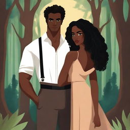 Create an illustrated BOOK COVER featuring a tall white man with dark hair, black eyes, and large strong arms standing next to a brown-skinned woman with dark curly hair and brown eyes, wearing a long glamorous dress at night in a forest