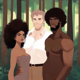 Create an illustrated BOOK COVER featuring a tall white man with dark hair, black eyes, and large strong arms standing next to a brown-skinned woman with dark curly hair and brown eyes, wearing a long glamorous dress at night in a forest