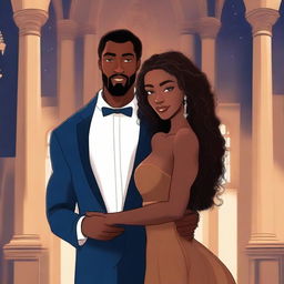 Create an illustrated BOOK COVER featuring a tall white man with dark hair, blue eyes, and large strong arms standing next to a brown-skinned woman with dark curly hair and brown eyes, wearing a long glamorous dress at night in a dark church