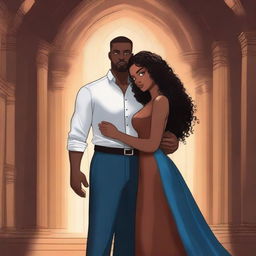 Create an illustrated BOOK COVER featuring a tall white man with dark hair, blue eyes, and large strong arms standing next to a brown-skinned woman with dark curly hair and brown eyes, wearing a long glamorous dress at night in a dark church