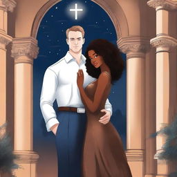 Create an illustrated BOOK COVER featuring a tall white man with dark hair, blue eyes, and large strong arms standing next to a brown-skinned woman with dark curly hair and brown eyes, wearing a long glamorous dress at night in a dark church