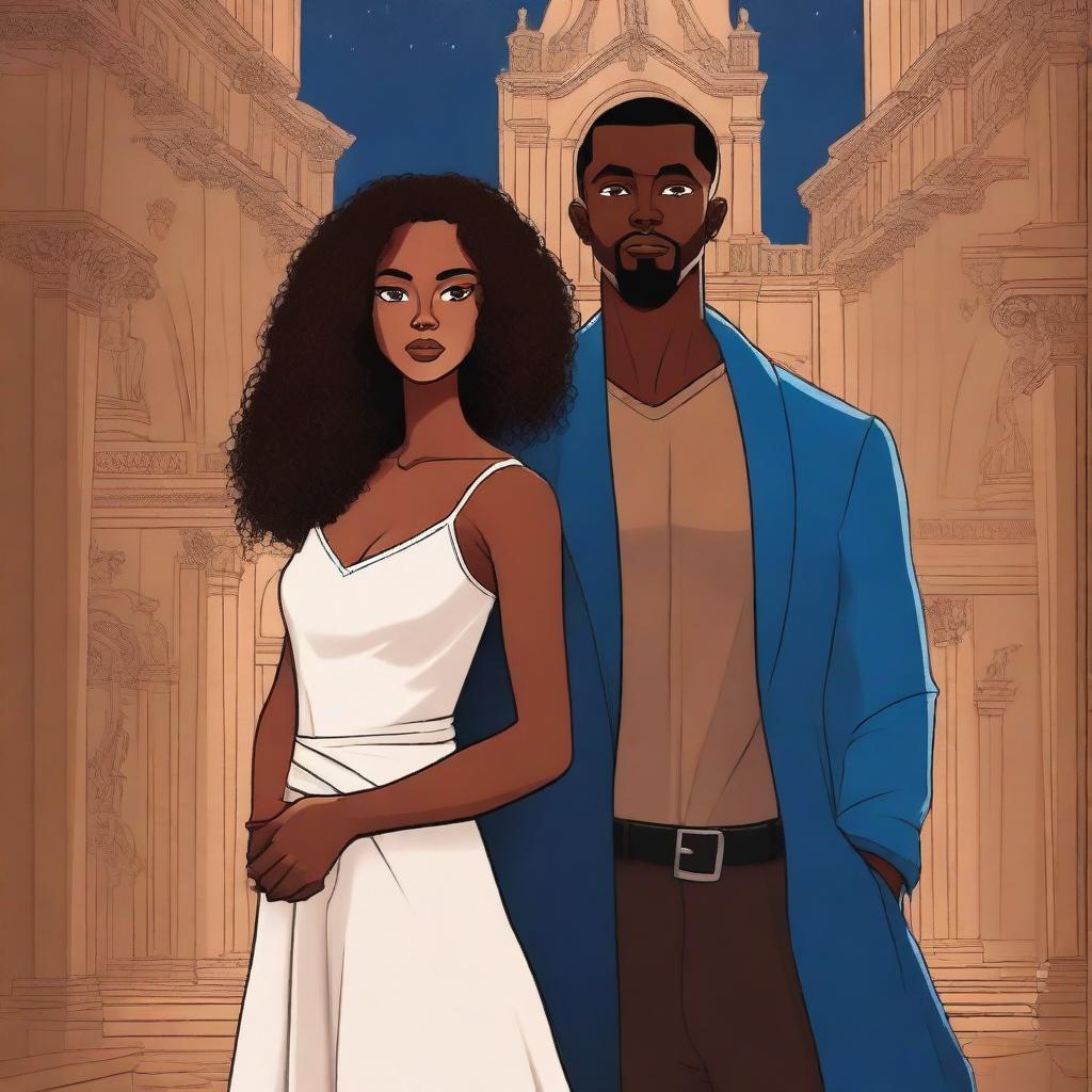 Create an illustrated BOOK COVER featuring a tall white man with dark hair, blue eyes, and large strong arms standing next to a brown-skinned woman with dark curly hair and brown eyes, wearing a long glamorous dress at night in a dark church