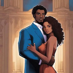 Create an illustrated BOOK COVER featuring a tall white man with dark hair, blue eyes, and large strong arms standing next to a brown-skinned woman with dark curly hair and brown eyes, wearing a long glamorous dress at night in a dark church