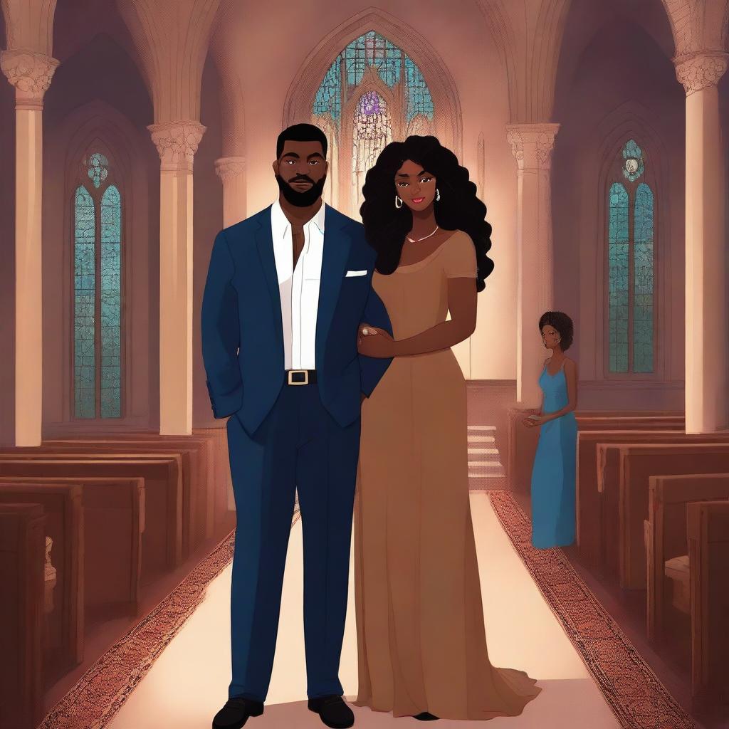 Create an illustrated BOOK COVER featuring a tall white man with dark hair, blue eyes, and large strong arms standing next to a brown-skinned woman with dark curly hair and brown eyes, wearing a long glamorous dress at night in a dark church