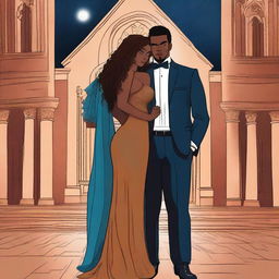 Create an illustrated BOOK COVER featuring a tall white man with dark hair, blue eyes, and large strong arms standing next to a brown-skinned woman with dark curly hair and brown eyes, wearing a long glamorous dress at night in a dark church