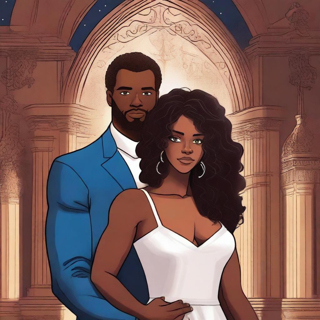 Create an illustrated BOOK COVER featuring a tall white man with dark hair, blue eyes, and large strong arms standing next to a brown-skinned woman with dark curly hair and brown eyes, wearing a long glamorous dress at night in a dark church