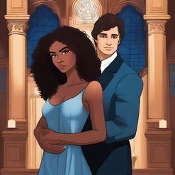 Create an illustrated BOOK COVER featuring a tall white man with dark hair, blue eyes, and large strong arms standing next to a brown-skinned woman with dark curly hair and brown eyes, wearing a long glamorous dress at night in a dark church