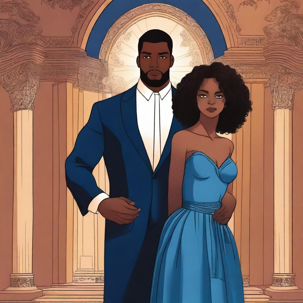 Create an illustrated BOOK COVER featuring a tall white man with dark hair, blue eyes, and large strong arms standing next to a brown-skinned woman with dark curly hair and brown eyes, wearing a long glamorous dress at night in a dark church