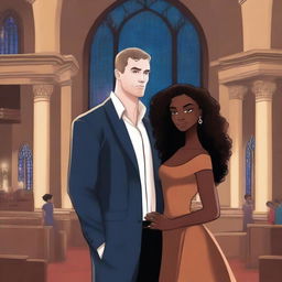 Create an illustrated BOOK COVER featuring a tall white man with dark hair, blue eyes, and large strong arms standing next to a brown-skinned woman with dark curly hair and brown eyes, wearing a long glamorous dress at night in a dark church