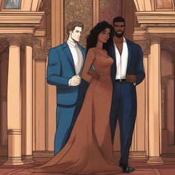 Create an illustrated BOOK COVER featuring a tall white man with dark hair, blue eyes, and large strong arms standing next to a brown-skinned woman with dark curly hair and brown eyes, wearing a long glamorous dress at night in a dark church