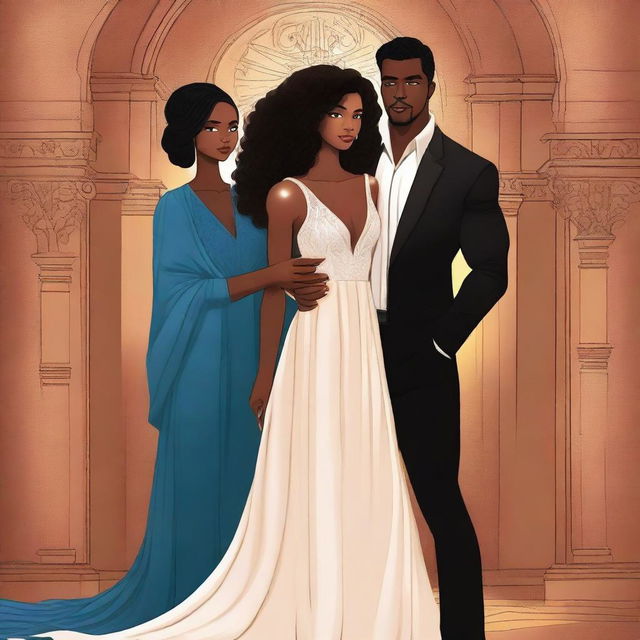 Create an illustrated BOOK COVER featuring a tall white man with dark hair, blue eyes, and large strong arms standing next to a brown-skinned woman with dark curly hair and brown eyes, wearing a long glamorous dress at night in a dark church