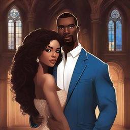 Create an illustrated BOOK COVER featuring a tall white man with dark hair, blue eyes, and large strong arms standing next to a brown-skinned woman with dark curly hair and brown eyes, wearing a long glamorous dress at night in a dark church