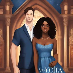 Create an illustrated BOOK COVER featuring a tall white man with dark hair, blue eyes, and large strong arms standing next to a brown-skinned woman with dark curly hair and brown eyes, wearing a long glamorous dress at night in a dark church