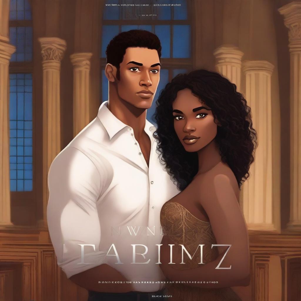 Create an illustrated BOOK COVER featuring a tall white man with dark hair, blue eyes, and large strong arms standing next to a brown-skinned woman with dark curly hair and brown eyes, wearing a long glamorous dress at night in a dark church