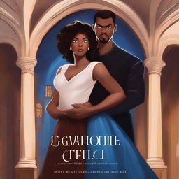 Create an illustrated BOOK COVER featuring a tall white man with dark hair, blue eyes, and large strong arms standing next to a brown-skinned woman with dark curly hair and brown eyes, wearing a long glamorous dress at night in a dark church