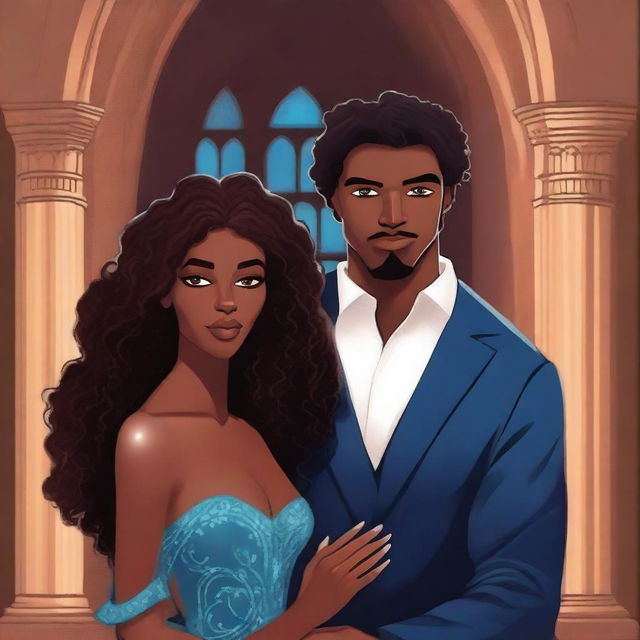 Create an illustrated BOOK COVER featuring a tall white man with dark hair, blue eyes, and large strong arms standing next to a brown-skinned woman with dark curly hair and brown eyes, wearing a long glamorous dress at night in a dark church