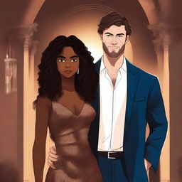 Create an illustrated BOOK COVER featuring a tall white man with dark hair, blue eyes, and large strong arms standing next to a brown-skinned woman with dark curly hair and brown eyes, wearing a long glamorous dress at night in a dark church