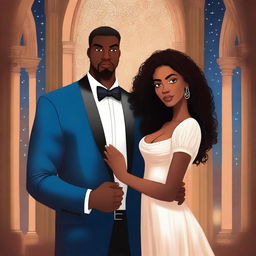 Create an illustrated BOOK COVER featuring a tall white man with dark hair, blue eyes, and large strong arms standing next to a brown-skinned woman with dark curly hair and brown eyes, wearing a long glamorous dress at night in a dark church