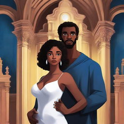 Create an illustrated BOOK COVER featuring a tall white man with dark hair, blue eyes, and large strong arms standing next to a brown-skinned woman with dark curly hair and brown eyes, wearing a long glamorous dress at night in a dark church