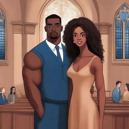 Create an illustrated BOOK COVER featuring a tall white man with dark hair, blue eyes, and large strong arms standing next to a brown-skinned woman with dark curly hair and brown eyes, wearing a long glamorous dress at night in a dark church