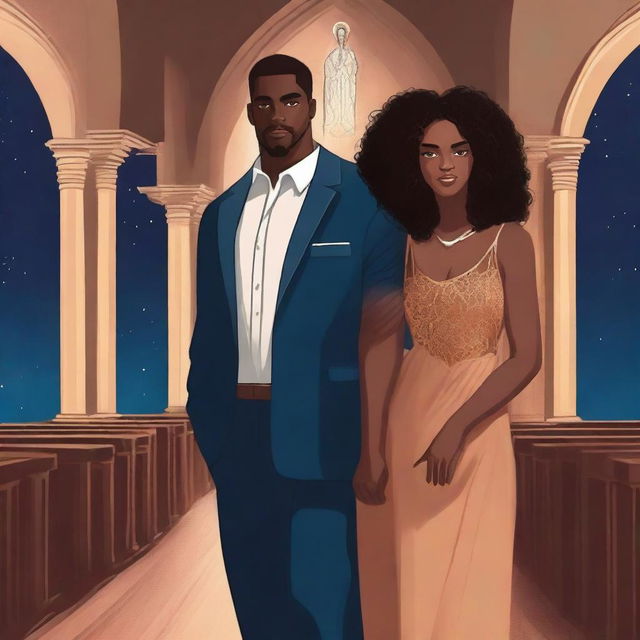 Create an illustrated BOOK COVER featuring a tall white man with dark hair, blue eyes, and large strong arms standing next to a brown-skinned woman with dark curly hair and brown eyes, wearing a long glamorous dress at night in a dark church