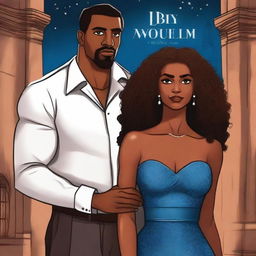 Create an illustrated BOOK COVER featuring a tall WHITE man with dark hair, blue eyes, and large strong arms standing next to a brown-skinned woman with dark curly hair and brown eyes, wearing a long glamorous dress at night in a dark church