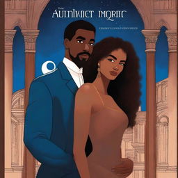 Create an illustrated BOOK COVER featuring a tall WHITE man with dark hair, blue eyes, and large strong arms standing next to a brown-skinned woman with dark curly hair and brown eyes, wearing a long glamorous dress at night in a dark church