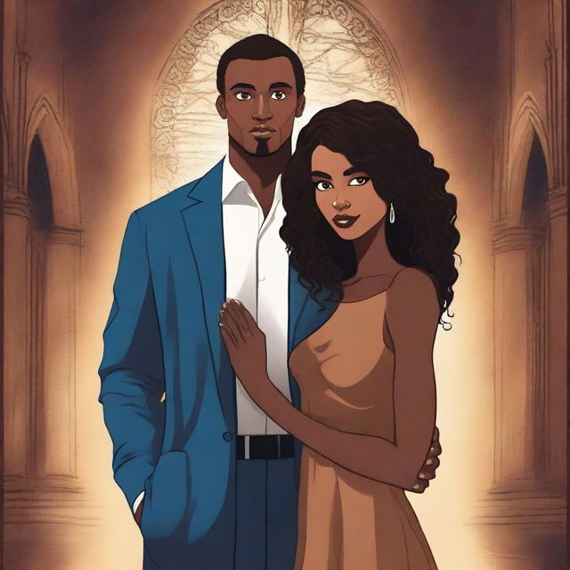 Create an illustrated BOOK COVER featuring a tall WHITE man with dark hair, blue eyes, and large strong arms standing next to a brown-skinned woman with dark curly hair and brown eyes, wearing a long glamorous dress at night in a dark church