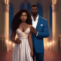 Create an illustrated BOOK COVER featuring a tall WHITE man with dark hair, blue eyes, and large strong arms standing next to a brown-skinned woman with dark curly hair and brown eyes, wearing a long glamorous dress at night in a dark church