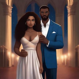 Create an illustrated BOOK COVER featuring a tall WHITE man with dark hair, blue eyes, and large strong arms standing next to a brown-skinned woman with dark curly hair and brown eyes, wearing a long glamorous dress at night in a dark church