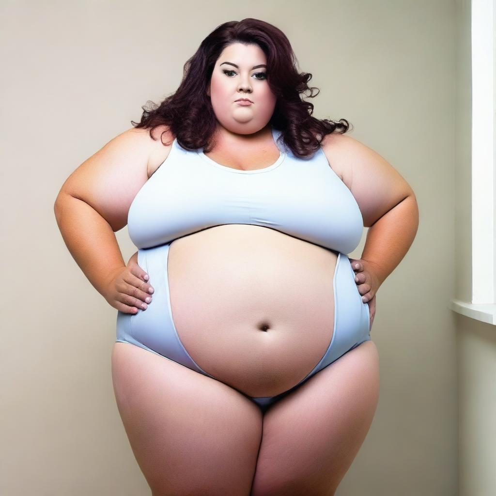 A morbidly obese woman in a nurse outfit posing for a picture