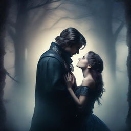 A dark fantasy book cover featuring a woman and a man sharing a passionate kiss